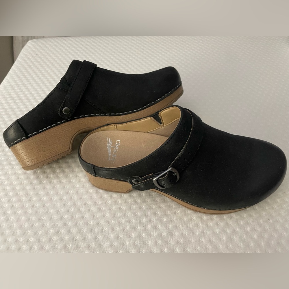 Dansko Black Suede Clogs with Wood-Tone Heel